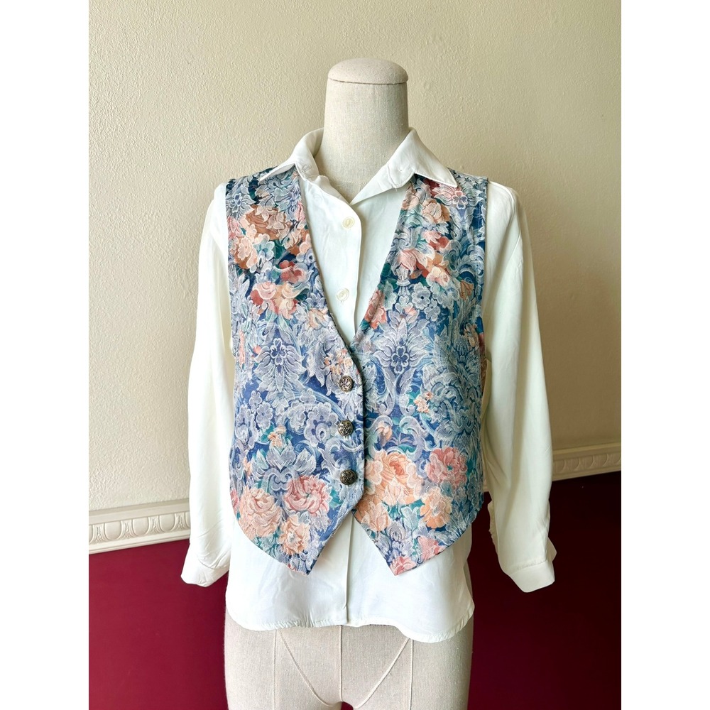 Vintage 90s Amy Byer Floral Tapestry Vest White Blouse Set Size S Retro Indie